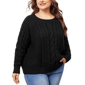 Plus Size Sweater Long Sleeve Crewneck Fisherman Cable Pullover Sweaters Black